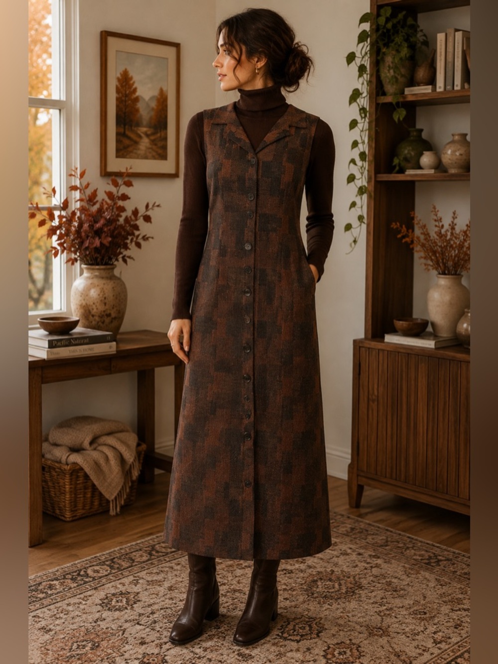 Vintage Harve Benard Sleeveless Button-Front Brown & Black -Likely Wool- Dress